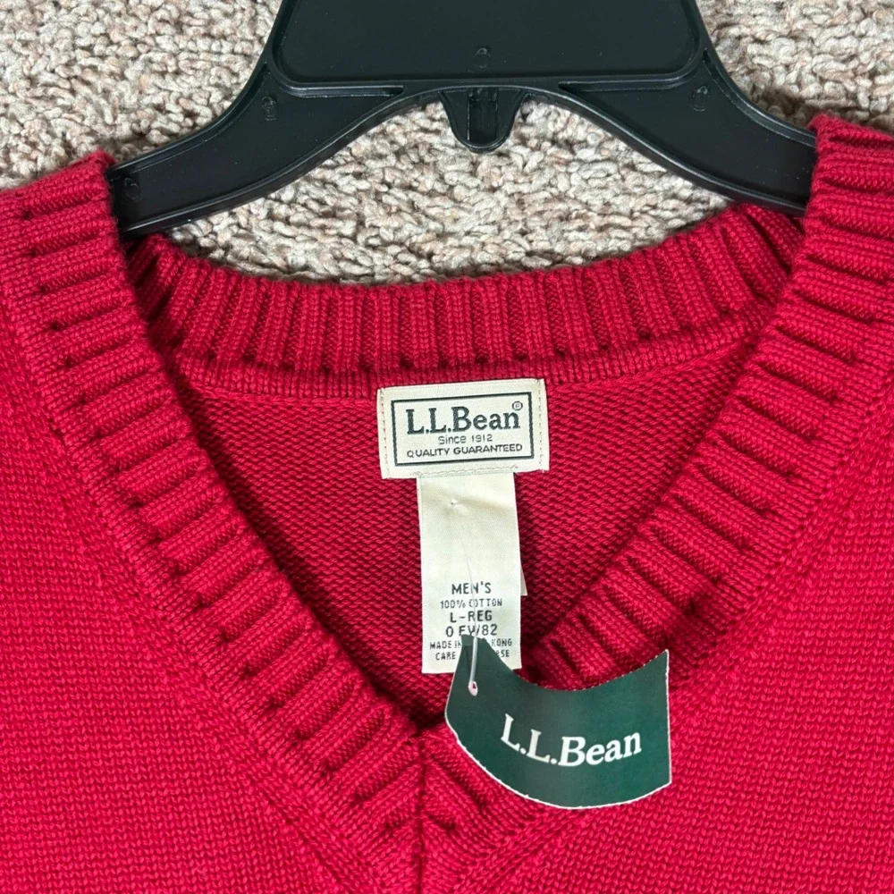 LL Bean Mens Red V-Neck Cotton Knit Sweater Large Regular L-REG 0FW82